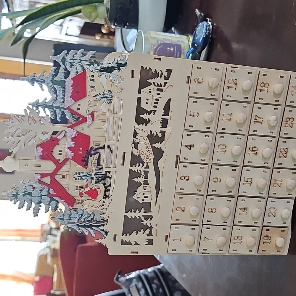 Wooden Christmas Advent Calendar with Red Accents.  Lights Up!